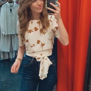 Floral Tie-Front Blouse - White and Brown